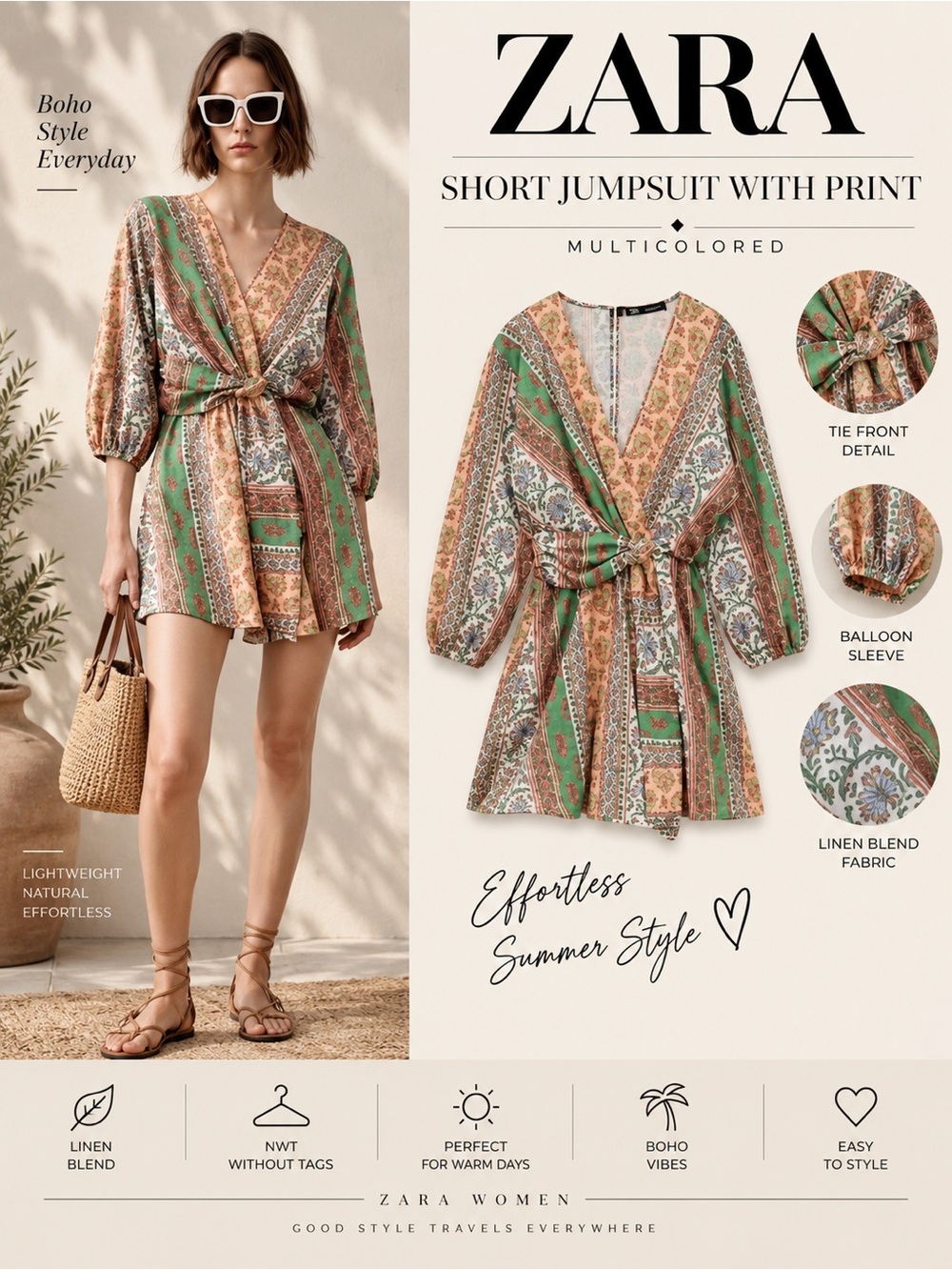 Zara Multicolor Printed Linen Blend Romper Size L Boho V-Neck Tie Front NWT